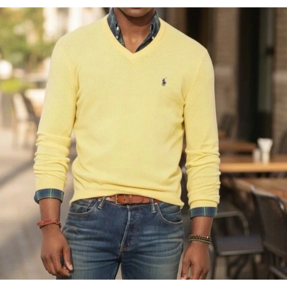 Polo Ralph Lauren Pima Cotton Sweater Mens Size L Yellow VNeck Knit Italian Yarn